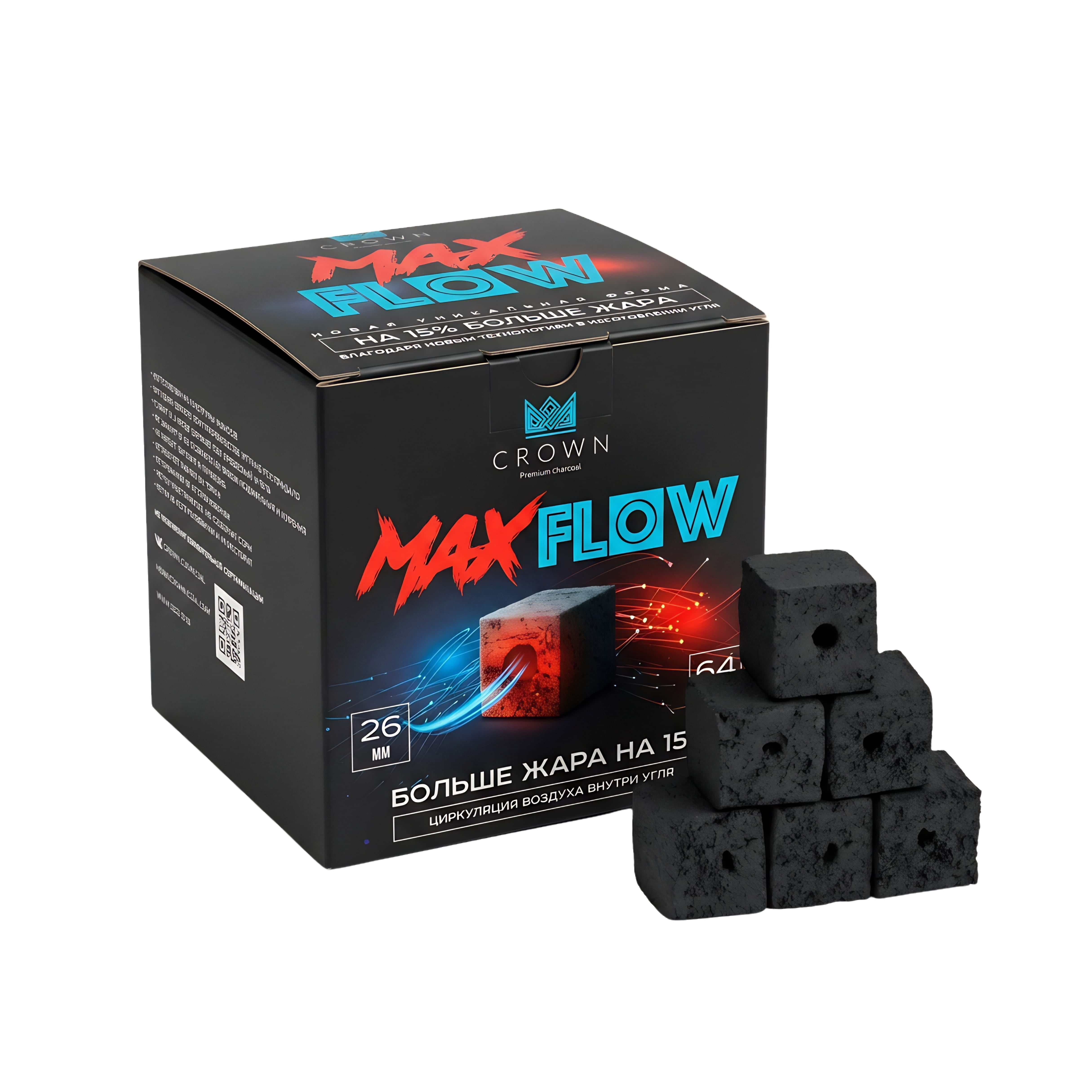 גחלי קוקוס Crown Maxflow 26x26 לנרגילה לחום גבוה ויציב
