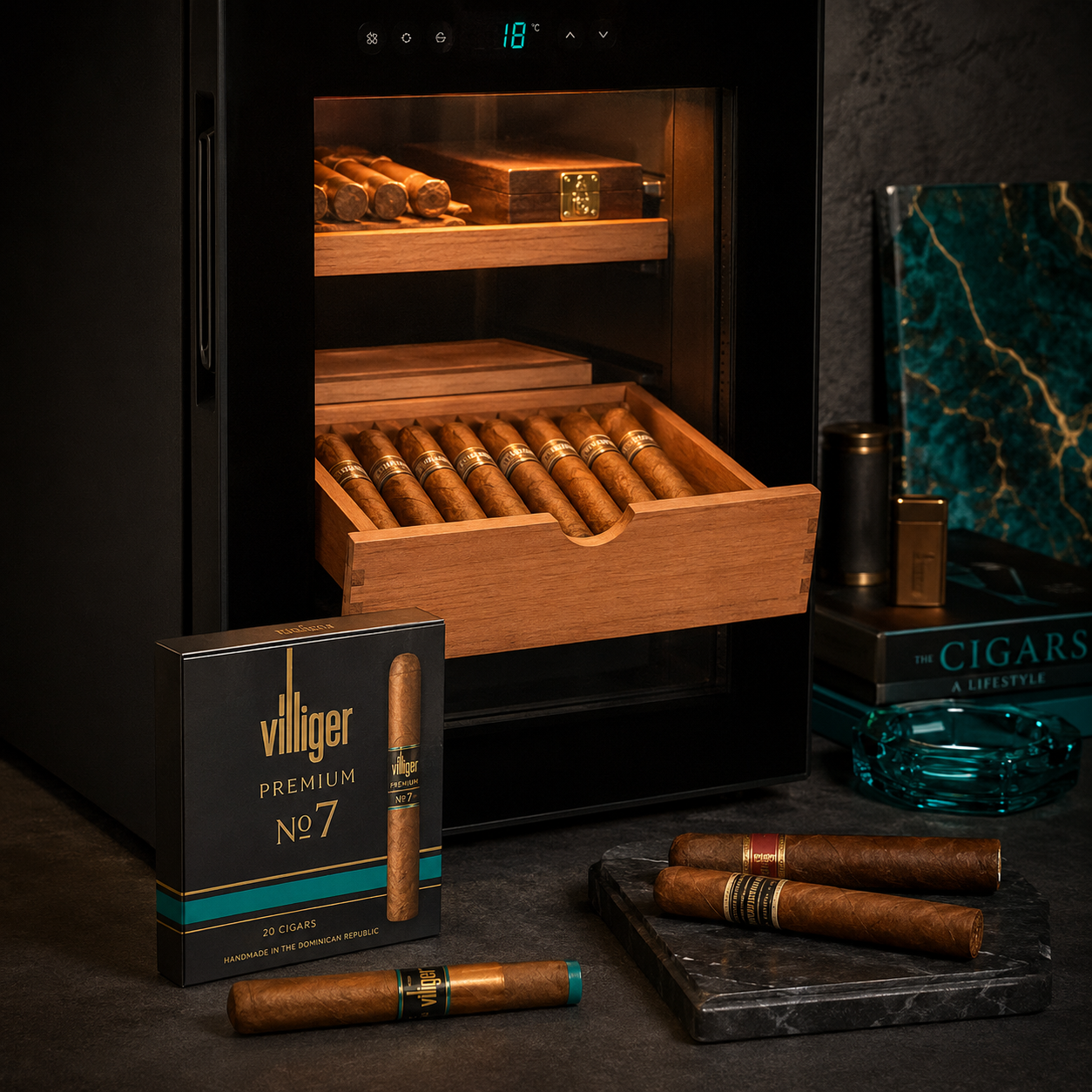 מקרר סיגרים עם סיגרי Villiger Premium No. 7 בתוך יומידור