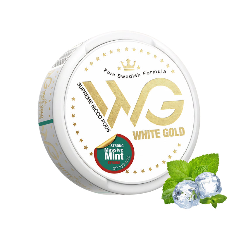 שקיקי ניקוטין מבית וויט גולד בטעם מנטה חזקה
WHITE GOLD STRONG MASSIVE MINT  SNUS