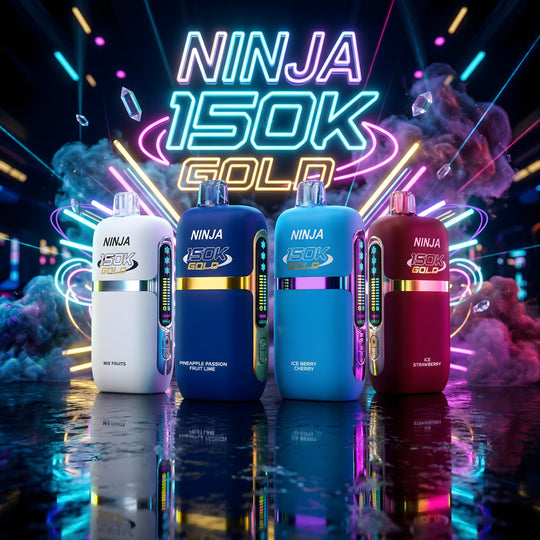 תמונה מעוצבת של סיגריה אלקטרונית NINJA 150K GOLD החדשה עם צבעי ניאון ו4 סוגים של טעמים בצבעים יפה מאוד אדום תכלת כחול ולבן 