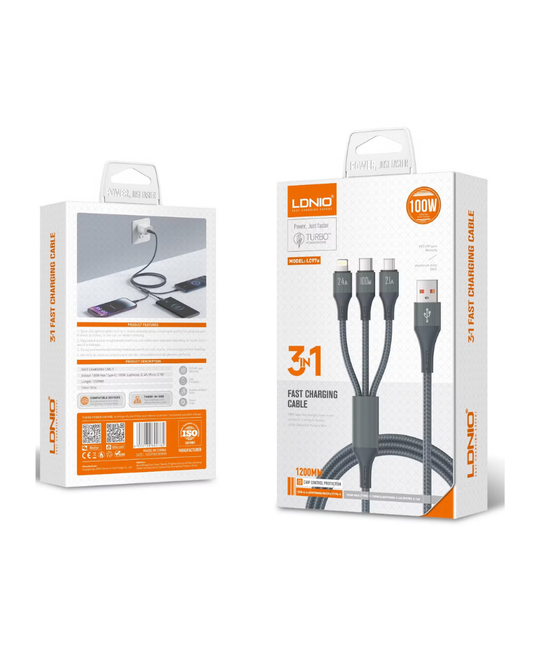 כבל 3 יציאות אייפון טייפ סי ומיקרו FAST CHARGING CABLE 